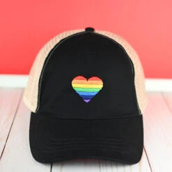 Rainbow Heart Mesh Back Ponyflo Baseball Cap -Kangol Sales Shop lcapmt792 rainbow heart mesh back ponyflo bb black 0235 1